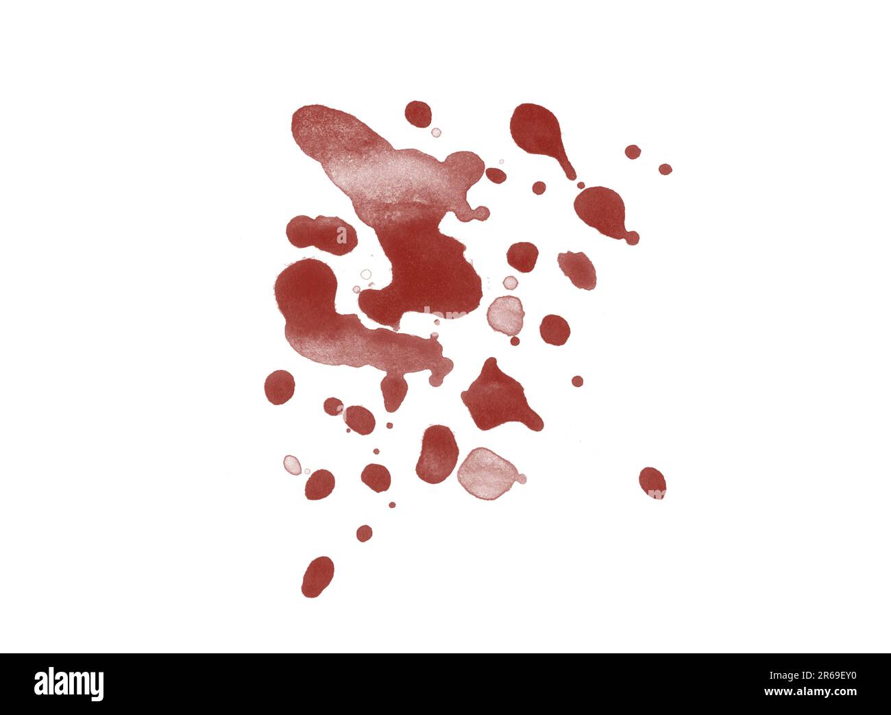 Colorazione di schizzi di sangue resa digitale isolata su sfondo bianco Foto Stock