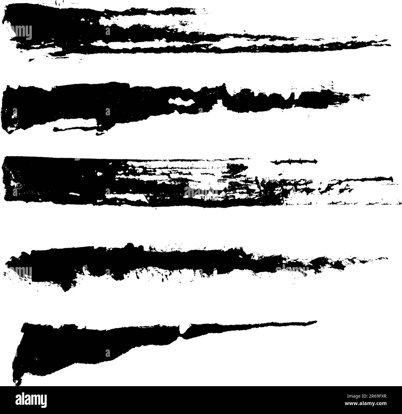 Set di cinque pennelli ruvidi. Ogni tratto vettoriale del pennello su uno strato indipendente per un facile utilizzo e separazione. Illustrazione Vettoriale