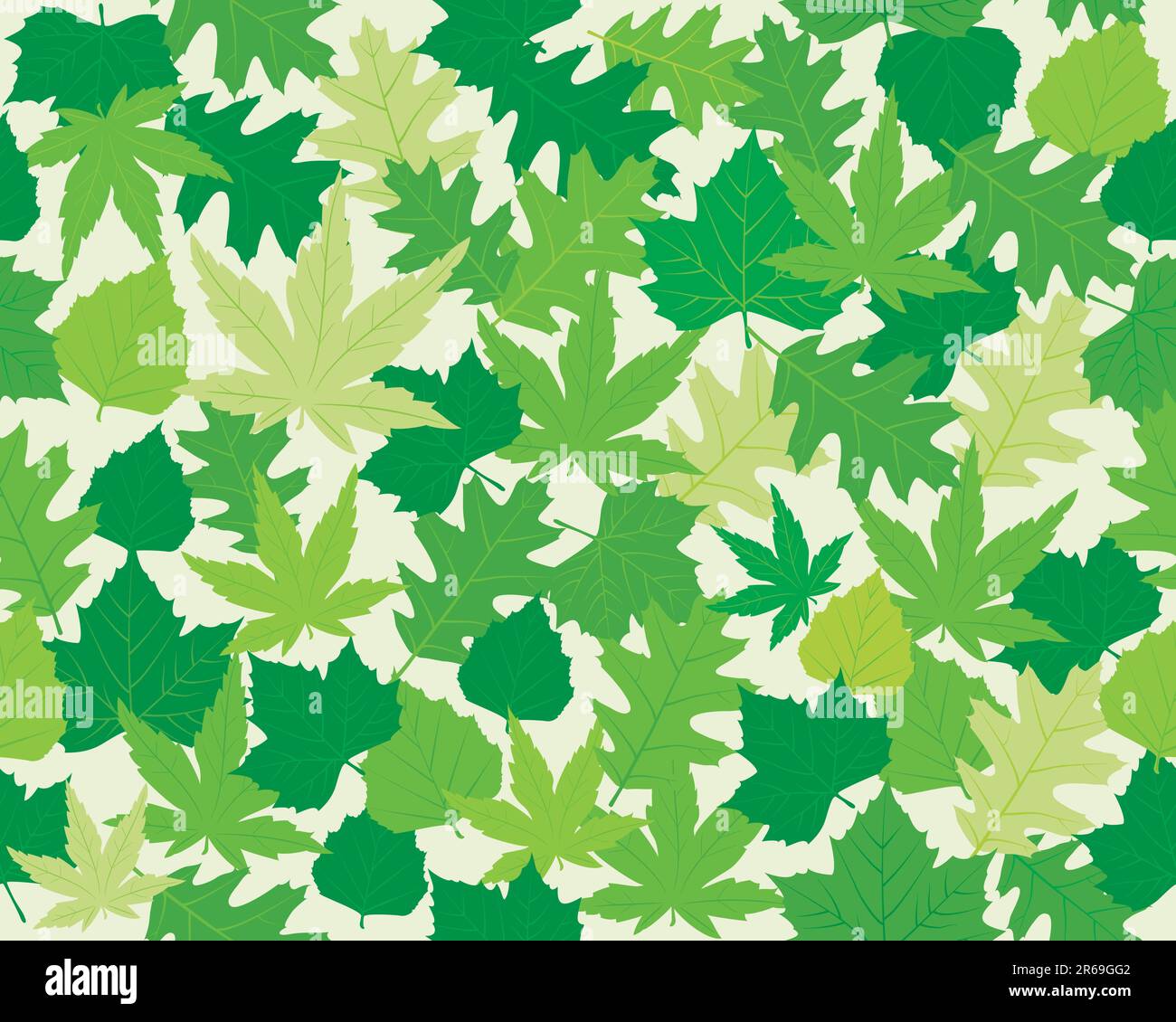 Motivo senza cuciture con foglie di quercia, acero, faggio e castagno in varie tonalità di verde. 8 colori globali. Illustrazione Vettoriale