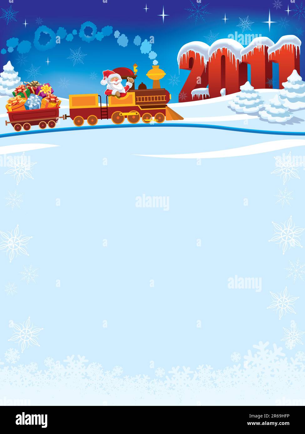 Babbo Natale in un trenino giocattolo con regali, Capodanno in sottofondo. Illustrazione Vettoriale