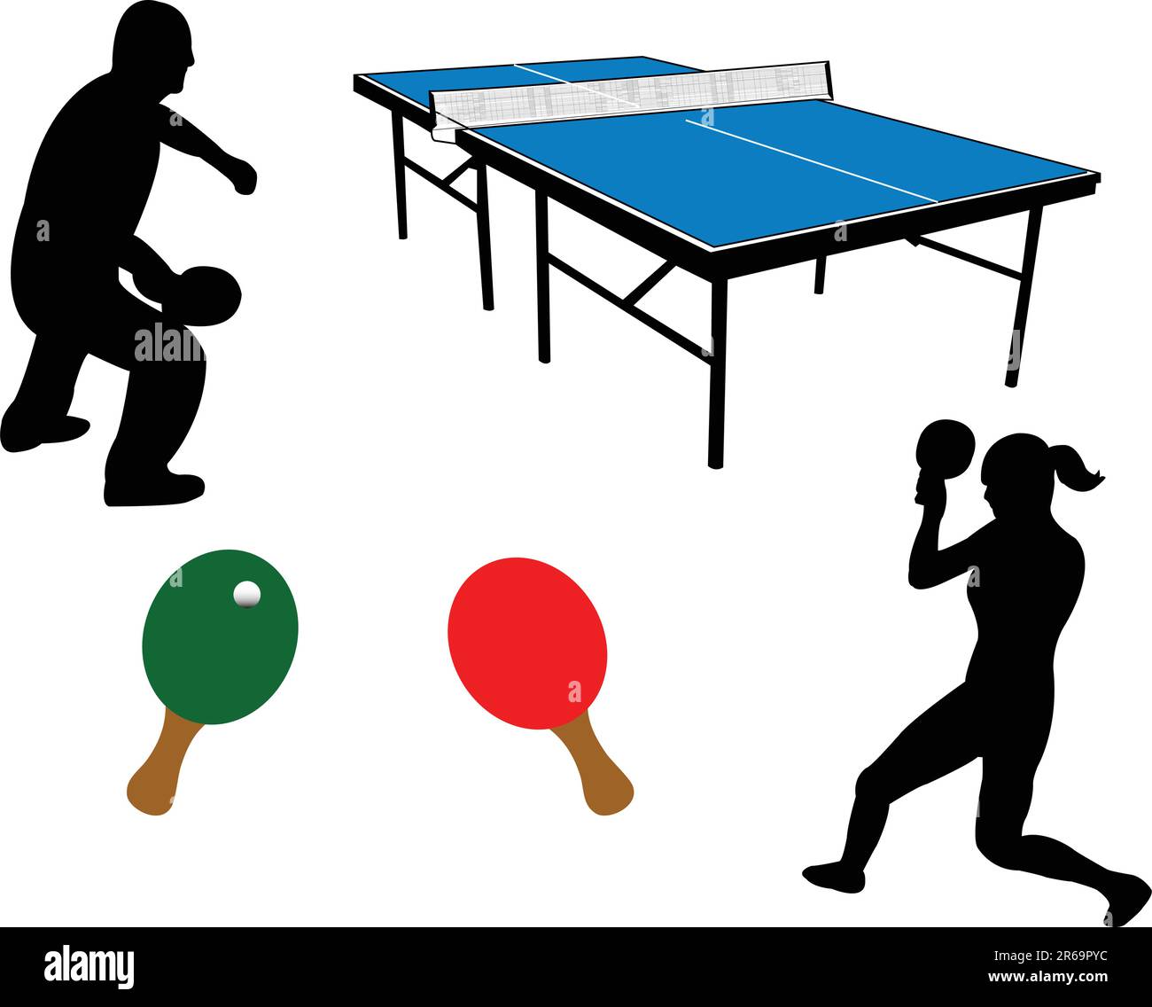 attrezzatura da ping pong e silhouette dei giocatori - vettoriale Illustrazione Vettoriale