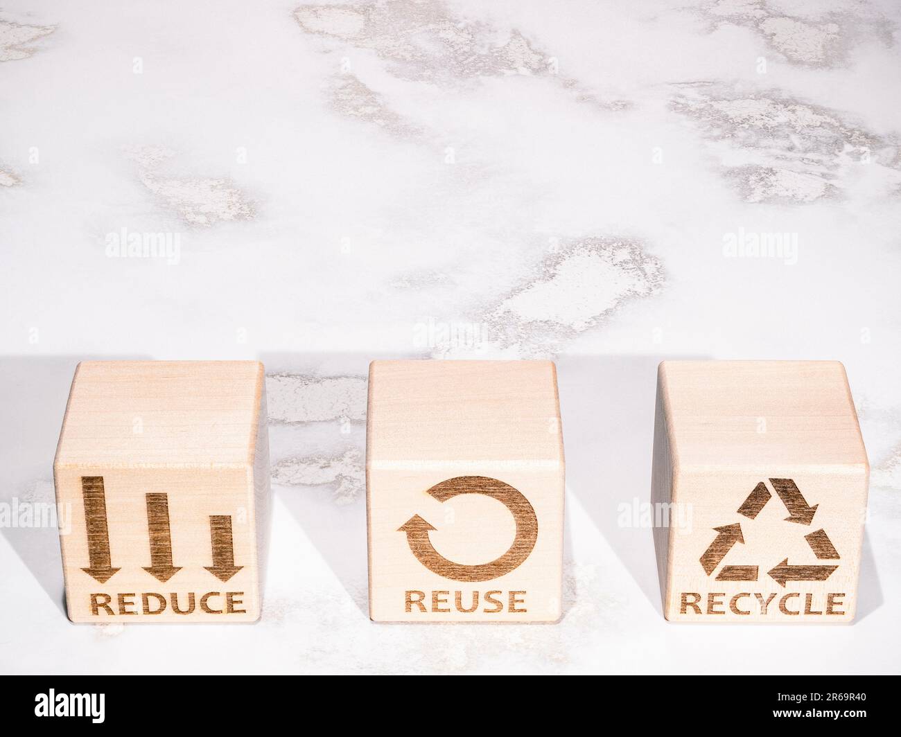 Simboli del concetto Riduci, Riutilizza e Recycle risorse Foto Stock