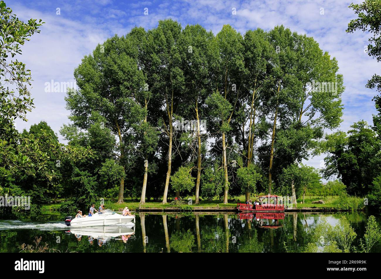 FRANCIA, CHARENTE (16) VALLE DEL FIUME CHARENTE, AERA DEL VILLAGGIO DI SAINT-SIMEUX, BARCA PER ATTRAVERSARE LA CHARENTE E BARCA DA DIPORTO Foto Stock
