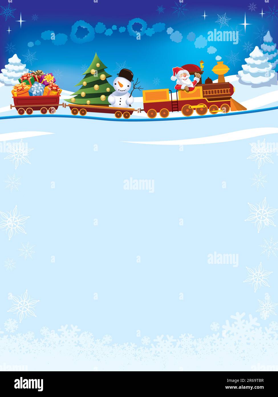 Babbo Natale in un trenino giocattolo con regali, pupazzo di neve e albero di natale. Illustrazione Vettoriale