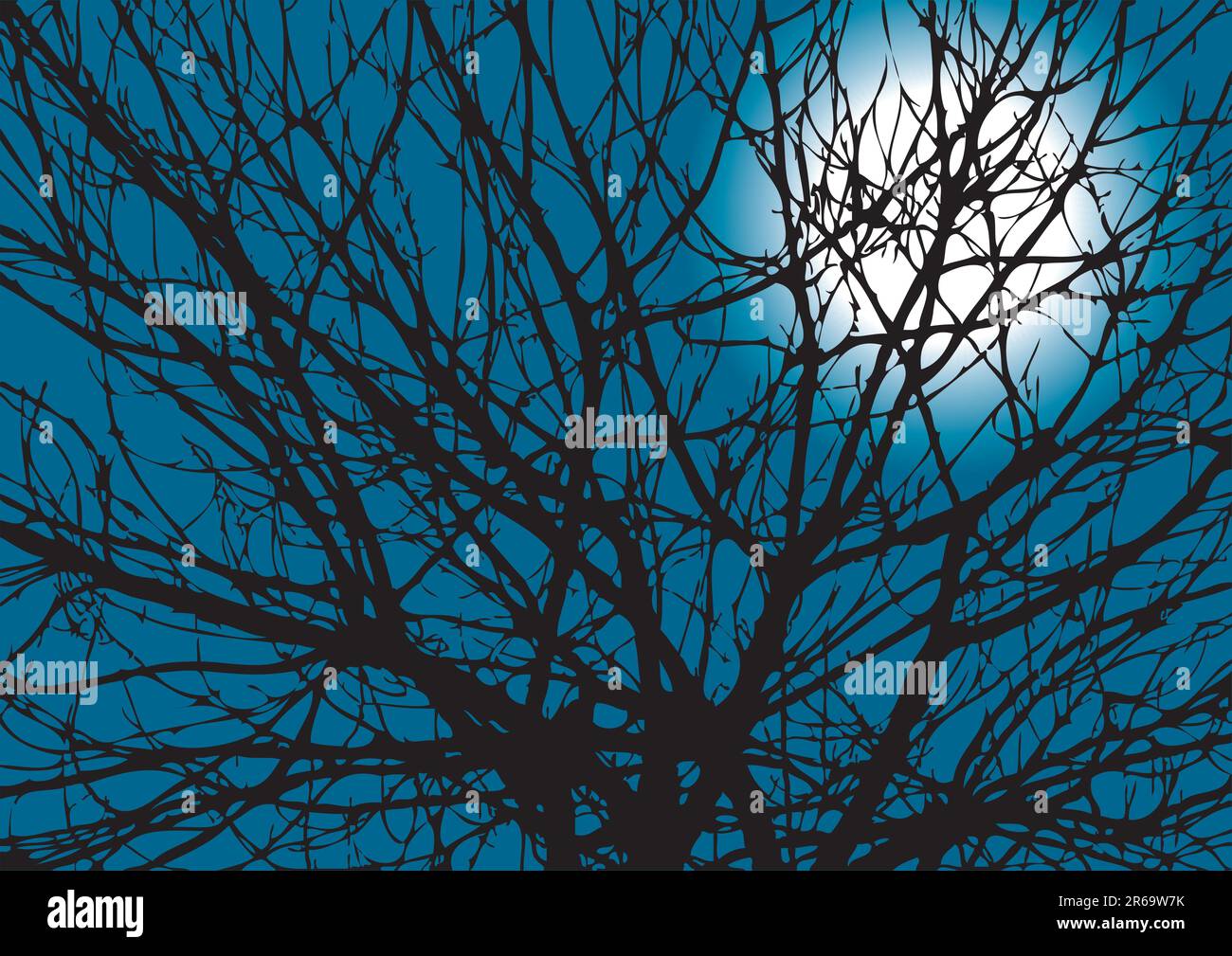 Rami d'albero con la luna sul retro Illustrazione Vettoriale