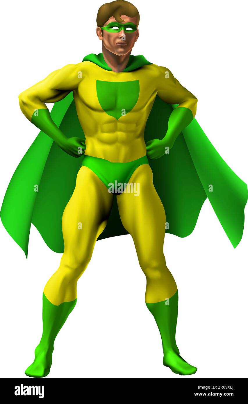 Illustrazione di un supereroe incredibile vestito in giallo e verde costume con il capo in piedi con le mani sui hip Illustrazione Vettoriale