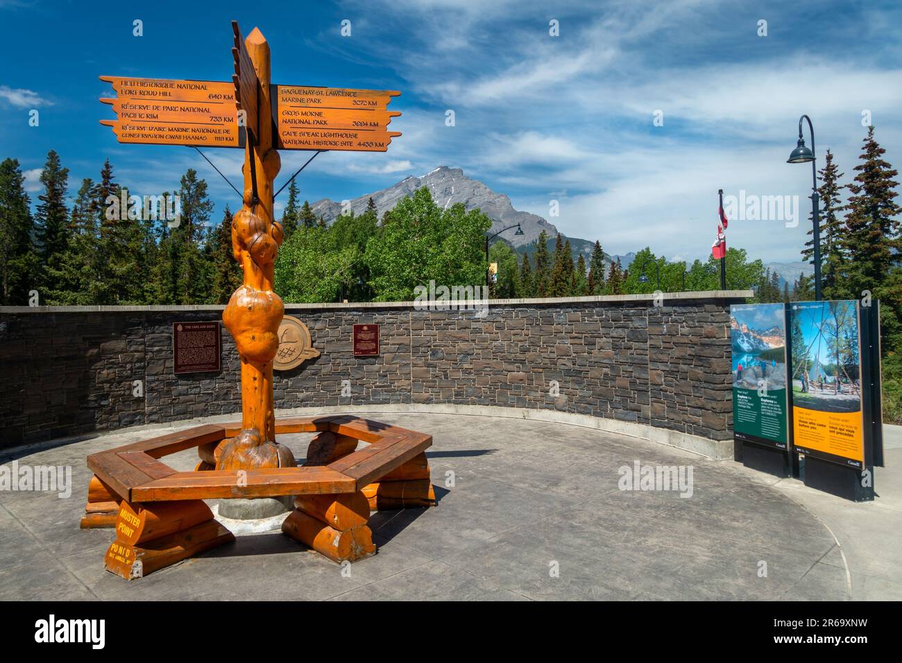 Cartello in legno, famoso sito storico di Cave and Basin, luogo natale dei parchi nazionali del Canada. Banff National Park, Canadian Rocky Mountains Foto Stock