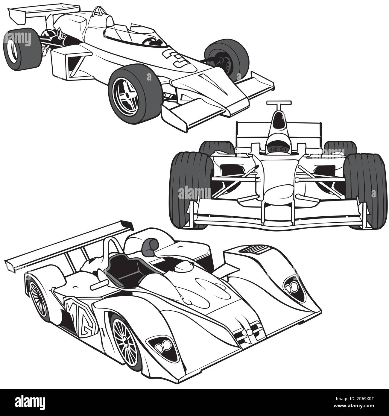 F1 auto vol.2 - illustrazione vettoriale dettagliata in bianco e nero. Illustrazione Vettoriale