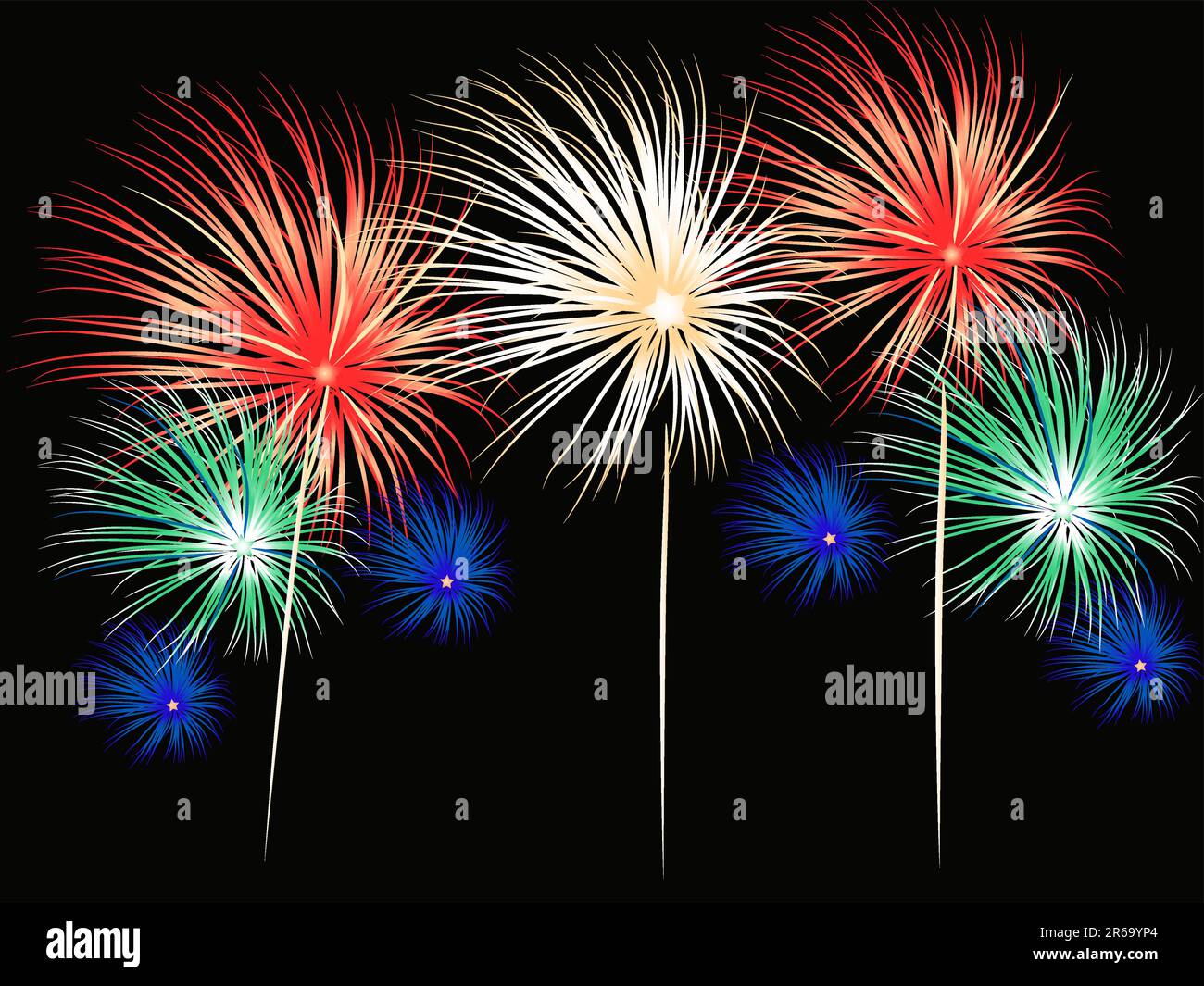 Fuochi d'artificio luminosi e colorati in formato vettoriale. I colori e le posizioni dei fuochi d'artificio possono essere modificati. Illustrazione Vettoriale