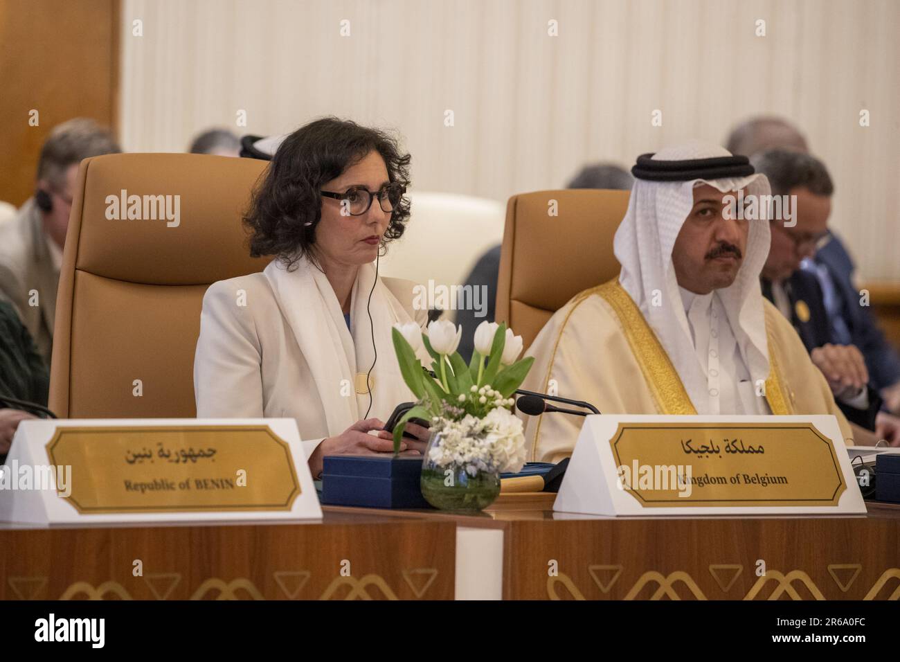 Riyad, Arabia Saudita. 08th giugno, 2023. Il ministro degli Esteri Hadja Lahbib ha illustrato durante una riunione ministeriale della 'Coalizione globale contro Daesh' (IS), a Riyad, Arabia Saudita, giovedì 08 giugno 2023. Il Belgio è uno dei membri chiave di questa coalizione. FOTO DI BELGA NICOLAS MAETERLINCK Credit: Belga News Agency/Alamy Live News Foto Stock