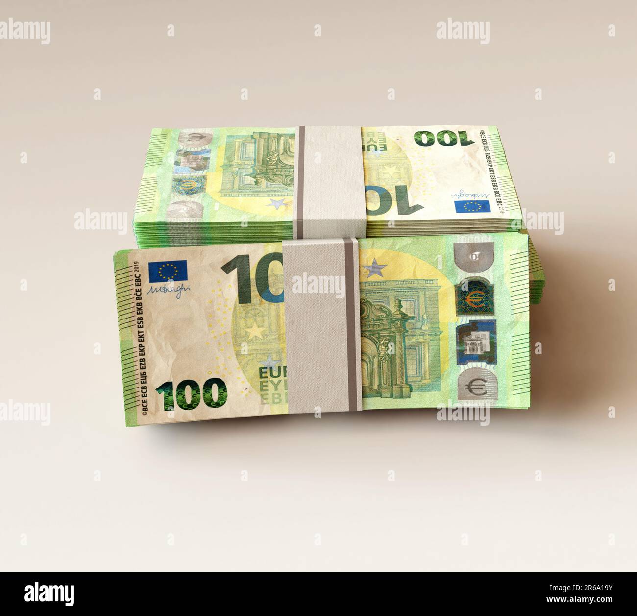 Una pila di banconote in euro impacchettate su uno sfondo chiaro isolato - rendering 3D Foto Stock