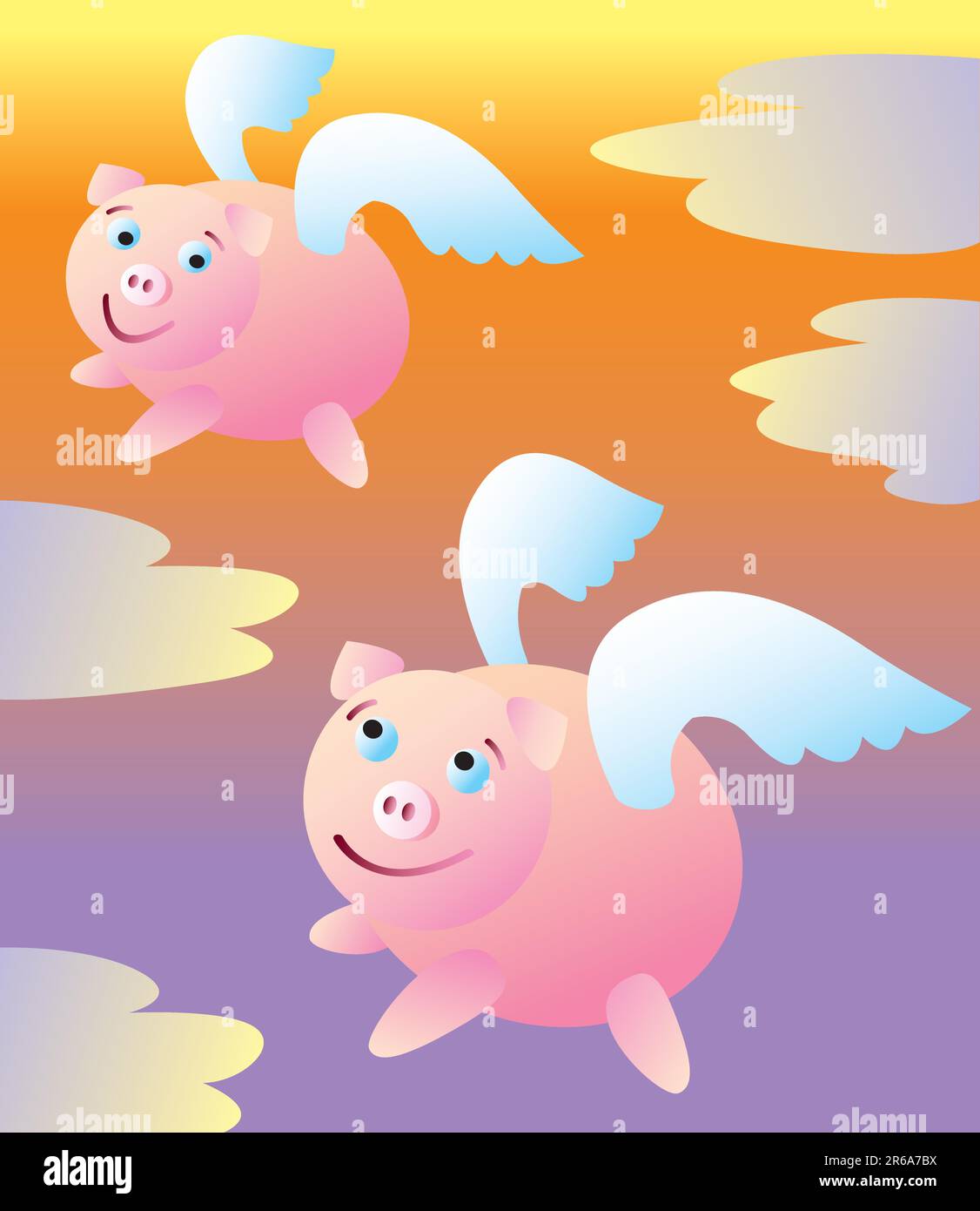 Due maiali con le ali che volano in alto nel cielo. Illustrazione Vettoriale