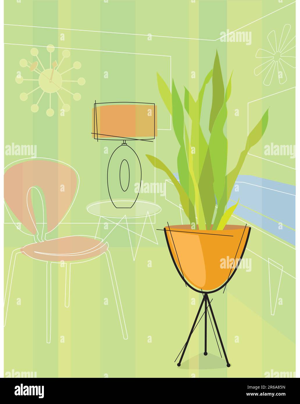 Moderno motivo stilizzato colorato di sedia, vaso e tavolo. Ogni elemento è raggruppato in modo da poterlo utilizzare indipendentemente dallo sfondo. Illustrazione Vettoriale