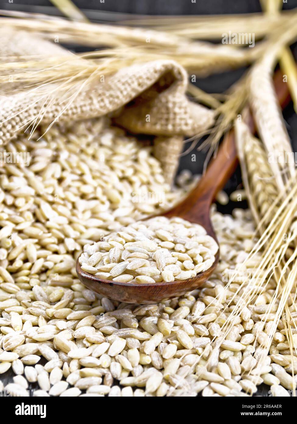 Ortografato in un cucchiaio, in un sacchetto di tela di sacco e sul tavolo, gambi con spighe di grano sullo sfondo di legno tavola Foto Stock