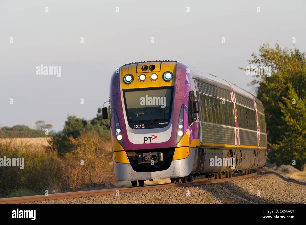 Rete ferroviaria regionale Vittoriana V Line che trasporta passeggeri in campagna, Victoria, Australia. Foto Stock