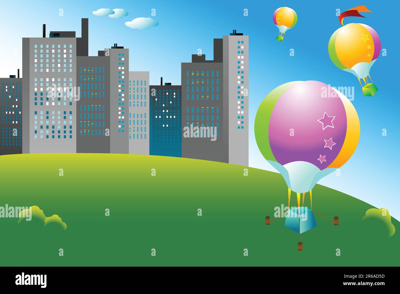 mongolfiere colorate che sorvolano la città Illustrazione Vettoriale