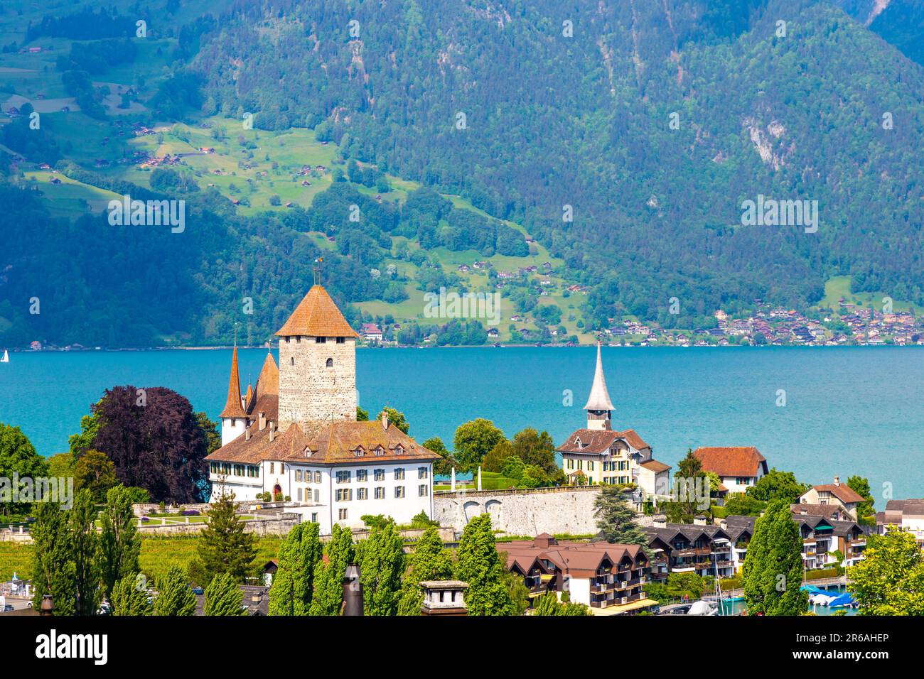 Vista sul castello di Spiez e sul lago Thun, Spiez, Svizzera Foto Stock