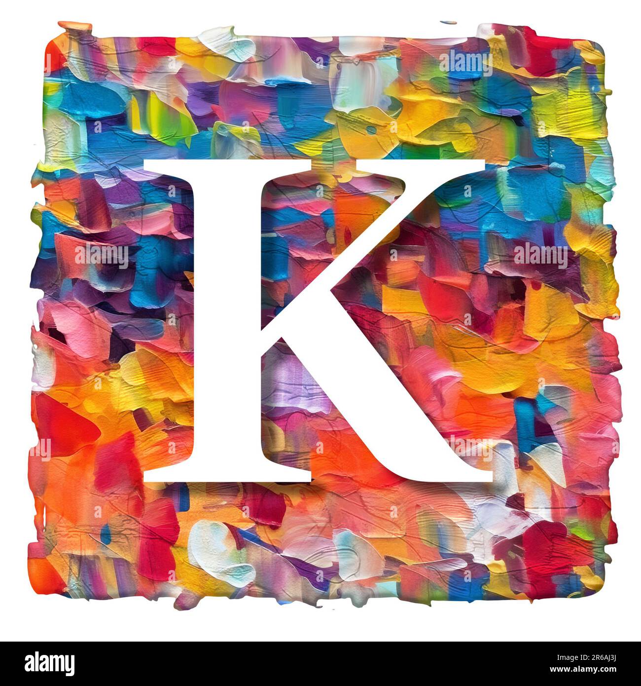 lettera bianca su sfondo multicolore composta da vernice acrilica, tratto di pennello, rendering 3d. Foto Stock