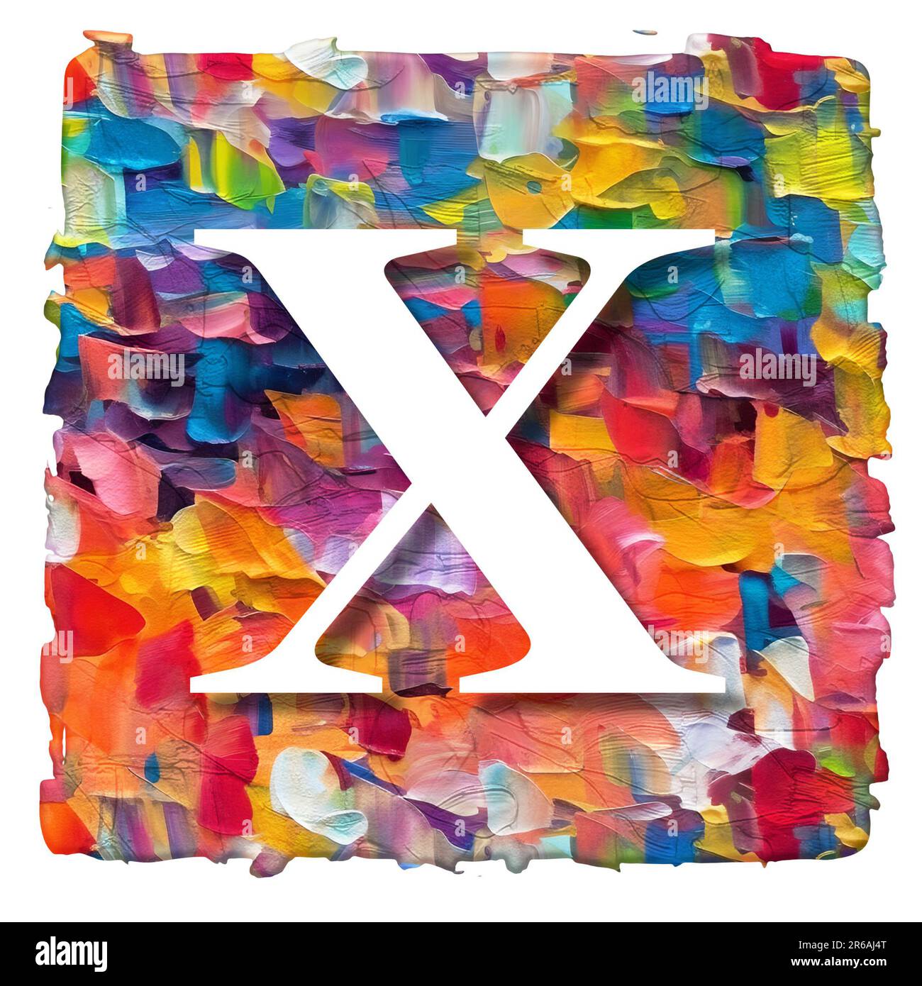 lettera bianca su sfondo multicolore composta da vernice acrilica, tratto di pennello, rendering 3d. Foto Stock