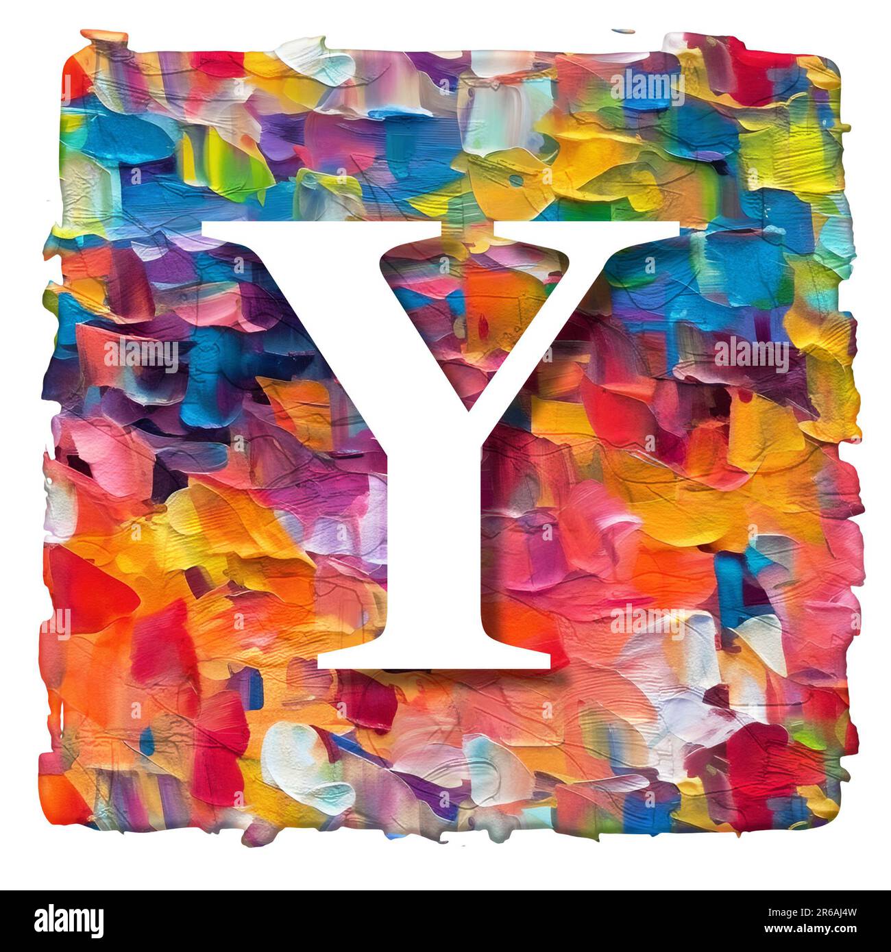 lettera bianca su sfondo multicolore composta da vernice acrilica, tratto di pennello, rendering 3d. Foto Stock