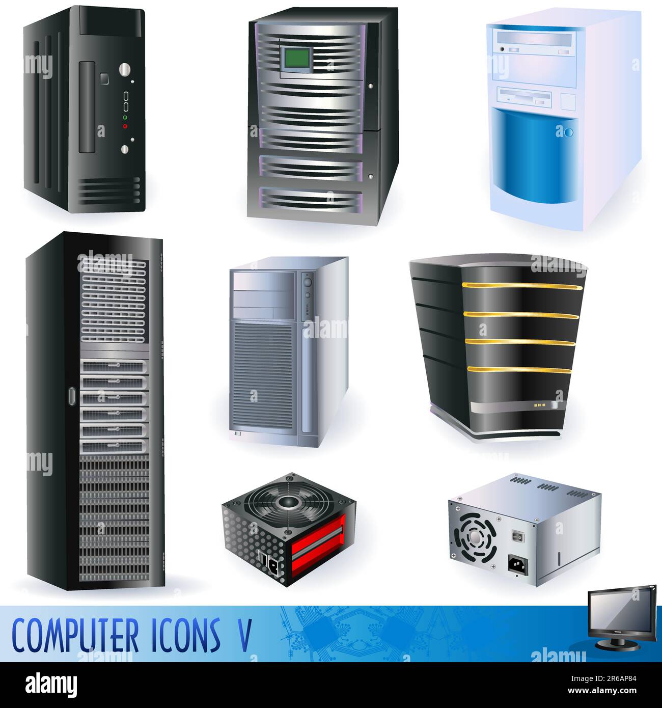 Un insieme di icone di computer, server, torri e alimentatori. Illustrazione Vettoriale