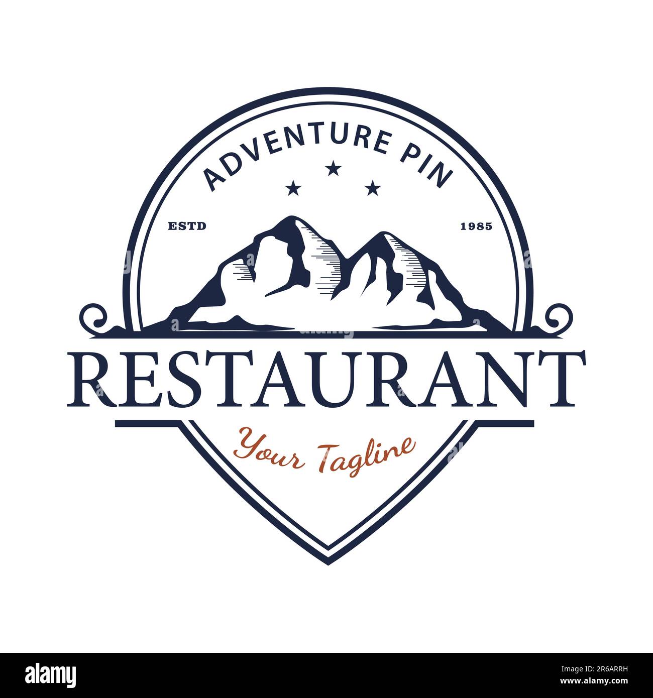 Modello per logo, etichetta ed emblema Vintage retro American National Park Mountains. Illustrazione vettoriale del logo del ristorante. Emblema vintage per R Illustrazione Vettoriale