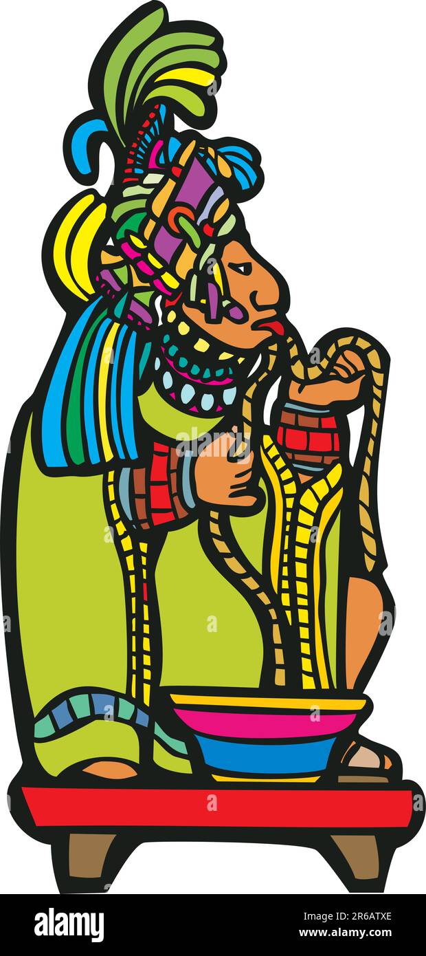 Signore Maya in esecuzione corda attraverso la sua lingua in un tradizionale sacrificio di sangue. Illustrazione Vettoriale