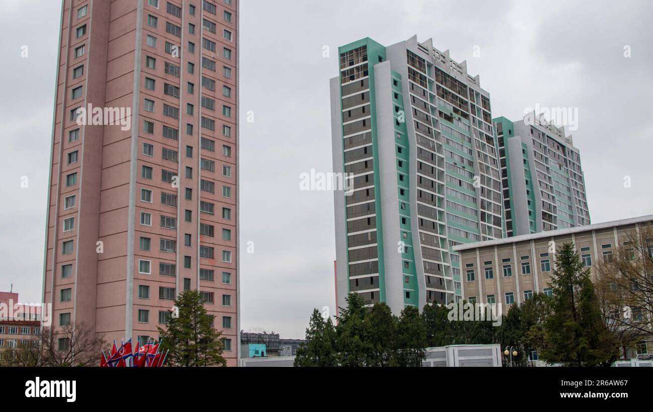 Pyongyang, Corea del Nord (RDPC - Repubblica popolare Democratica di Corea). Aprile 2018. Paesaggio urbano ed edifici. Foto Stock