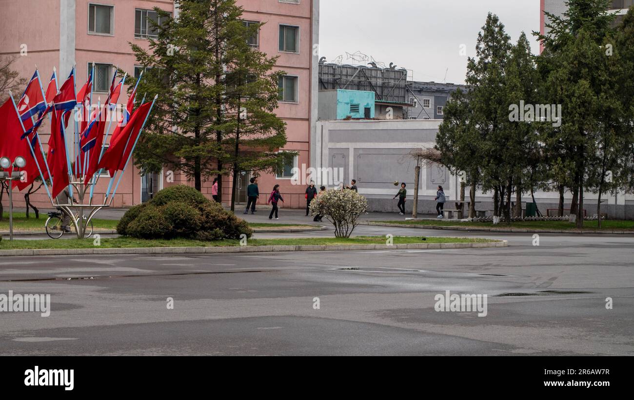 Pyongyang, Corea del Nord (RDPC - Repubblica popolare Democratica di Corea). Aprile 2018. Paesaggio urbano ed edifici. Foto Stock