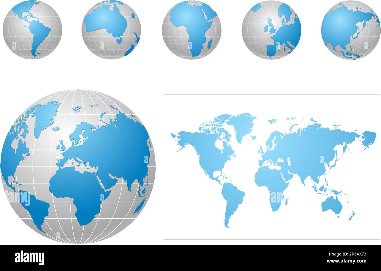 Icone globali e mappa blu e grigio Illustrazione Vettoriale