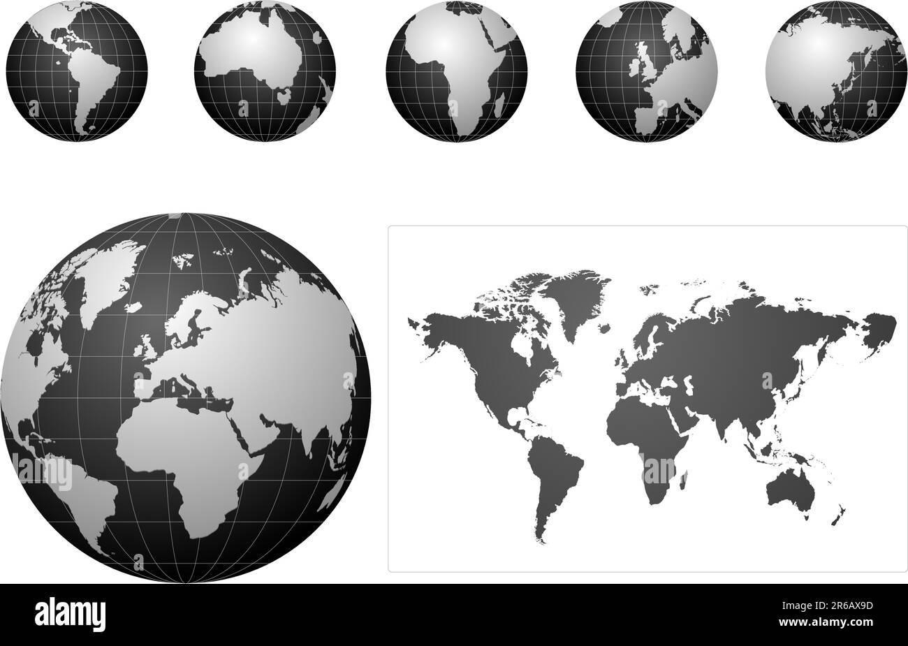Icone globali e mappa nera Illustrazione Vettoriale