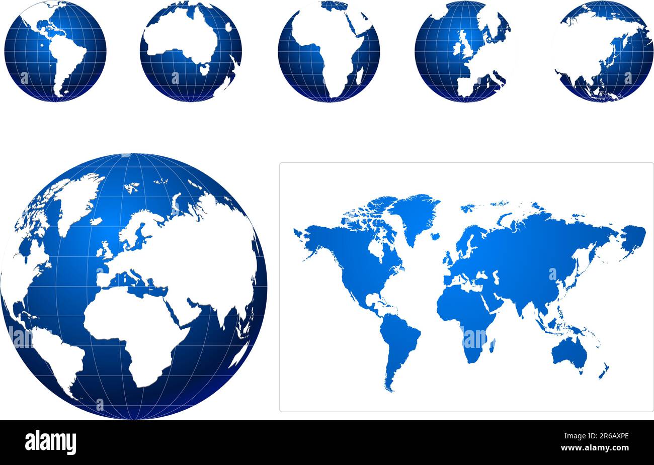 Icone globali e mappa blu e bianco Illustrazione Vettoriale
