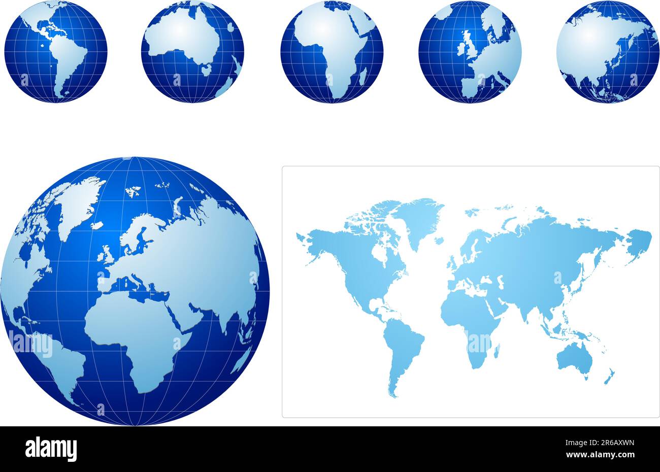 Icone globali e mappa blu e azzurro Illustrazione Vettoriale