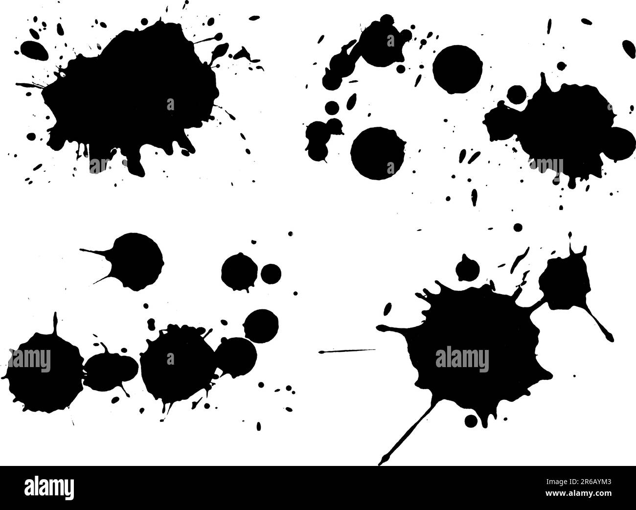 4 Splats nere (vettori isolati e su livelli separati) lo sfondo è trasparente e può essere sovrapposto ad altre illustrazioni o immagini. Illustrazione Vettoriale