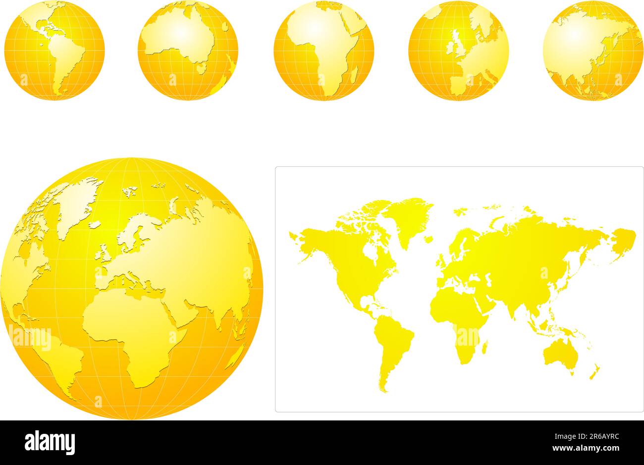 Icone globali e mappa blu e grigio oro o giallo Illustrazione Vettoriale