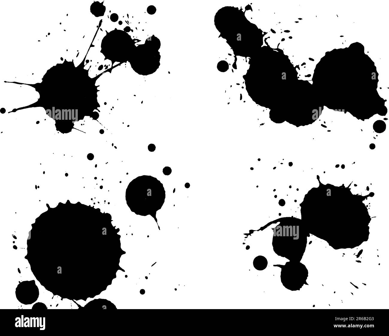 4 Splat nere in strati separati. Lo sfondo è trasparente e può essere sovrapposto ad altre illustrazioni o immagini. Illustrazione Vettoriale