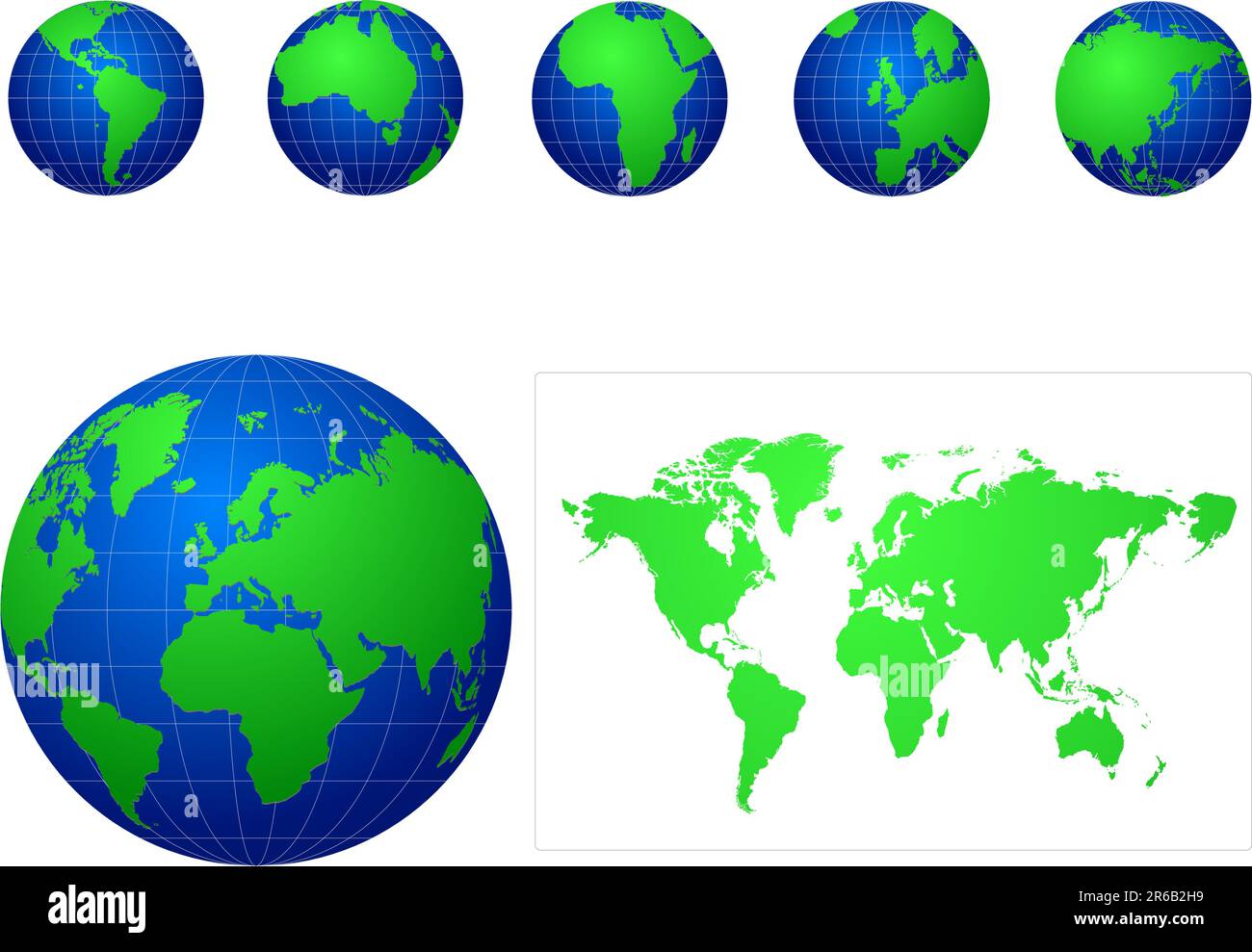 Icone globali e mappa blu e verde Illustrazione Vettoriale