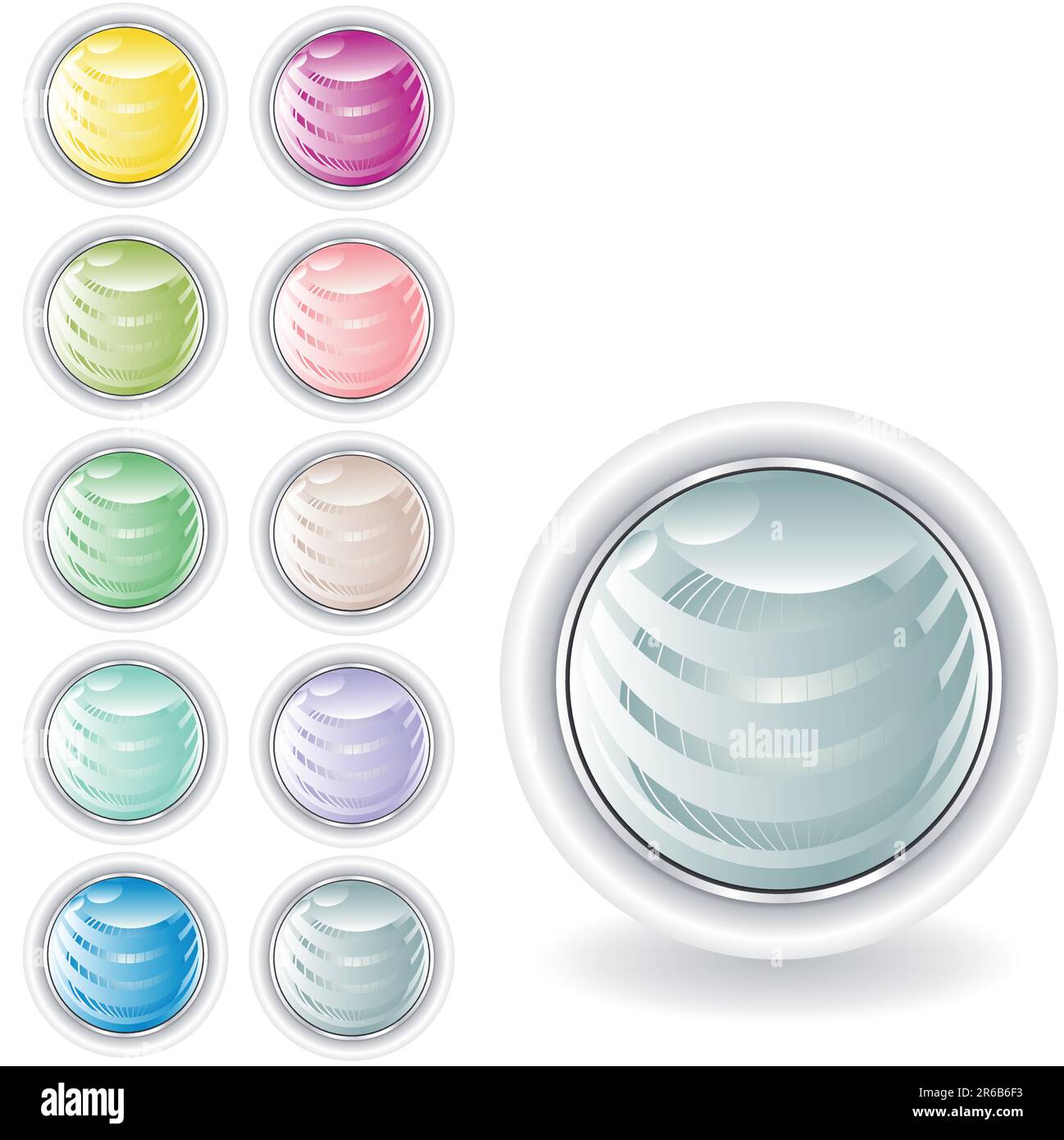 Arrotondato pulsanti web in tonalità pastello con sfera all'interno in metallo e anello di ricerca Illustrazione Vettoriale