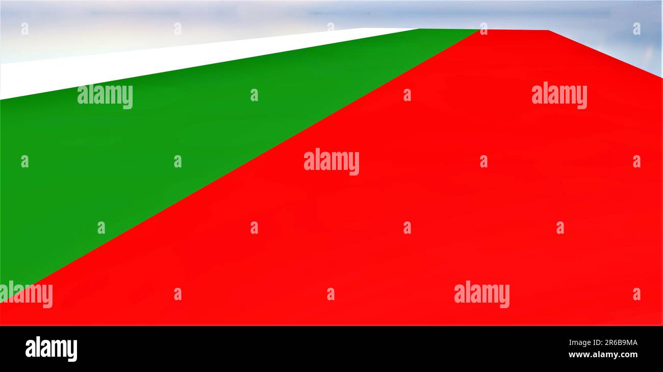 Di lato guardare la bandiera della Bulgaria contro il cielo offuscato nuvoloso. Colori rosso verde e bianco. Adatto per articoli politici. rendering 3d. Foto Stock