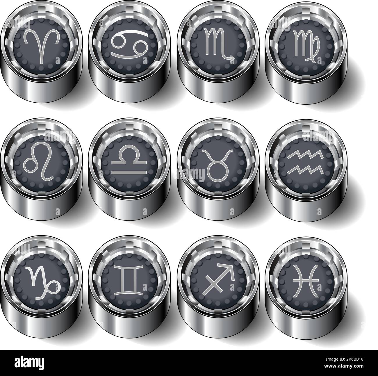 Simboli astrologici zodiacali su pulsanti in gomma industriali vettoriali - set completo Illustrazione Vettoriale