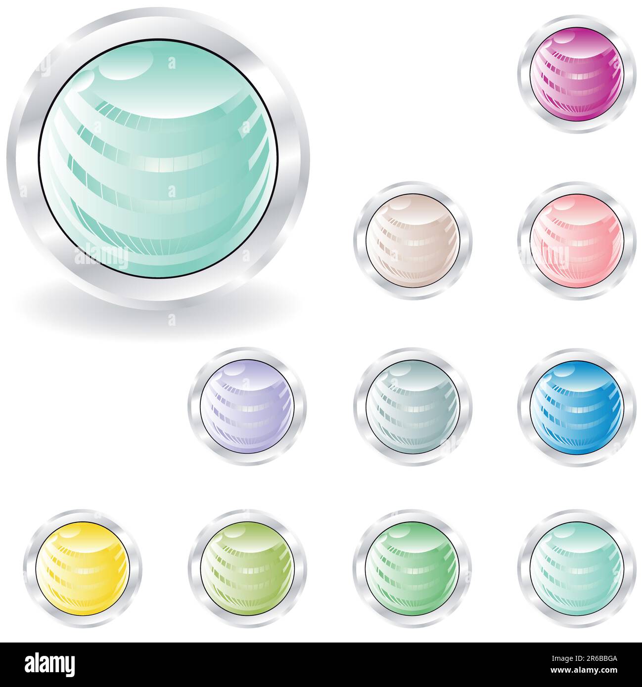 Pulsanti web in tonalità pastello con sfera all'interno in metallo e anello di ricerca Illustrazione Vettoriale