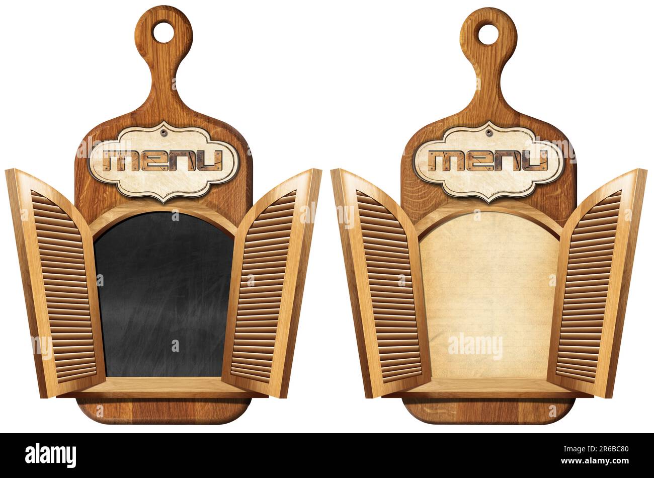 Tagliere in legno con finestre aperte e un'etichetta con menu di testo. Isolato su sfondo bianco, modello per ricette o menu di cibi e bevande. Foto Stock
