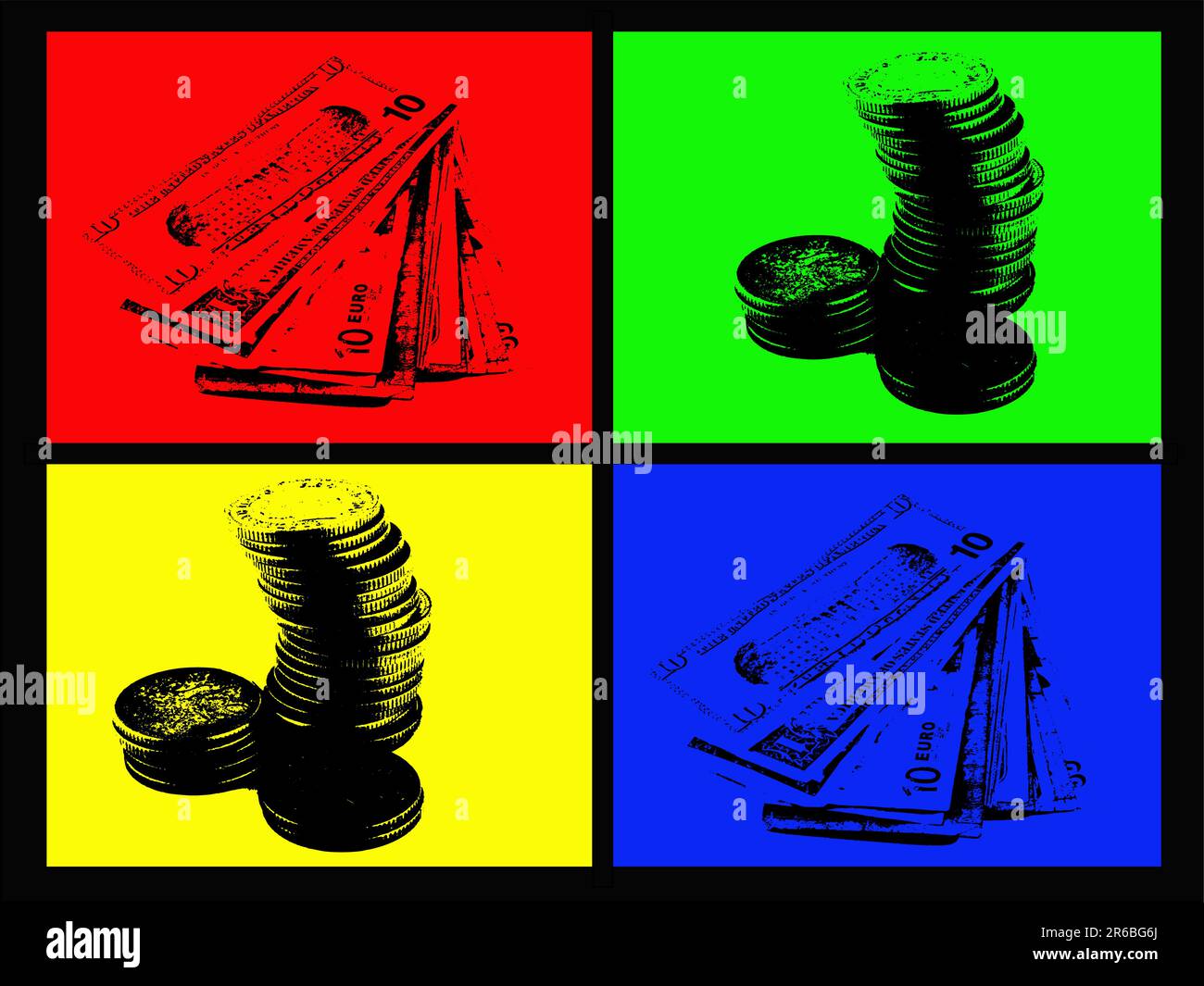 Carta moneta e monete su sfondo quadricromatico Illustrazione Vettoriale