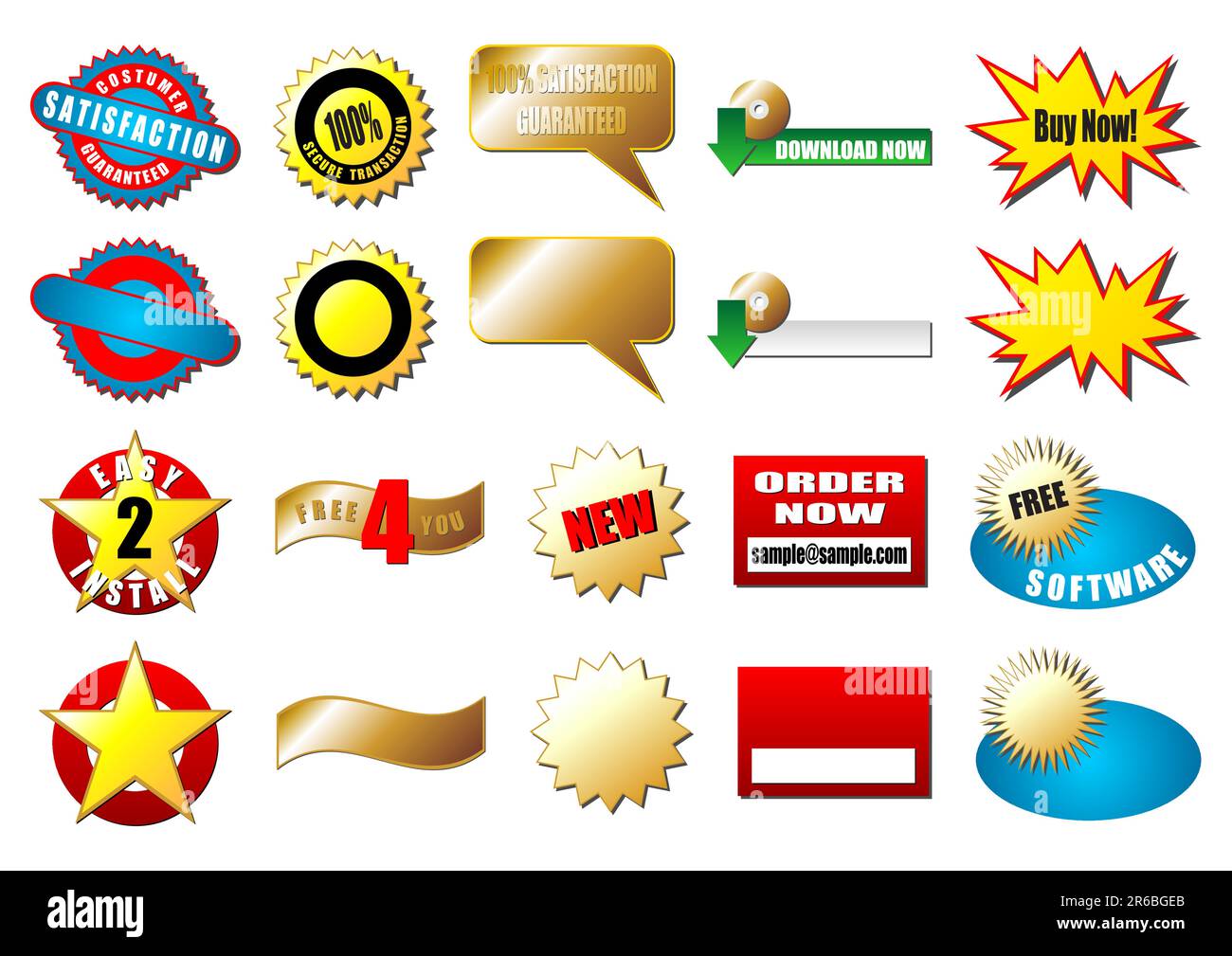 Tag promozionali normalmente utilizzati sul Web. Campioni e bianchi. Illustrazione Vettoriale