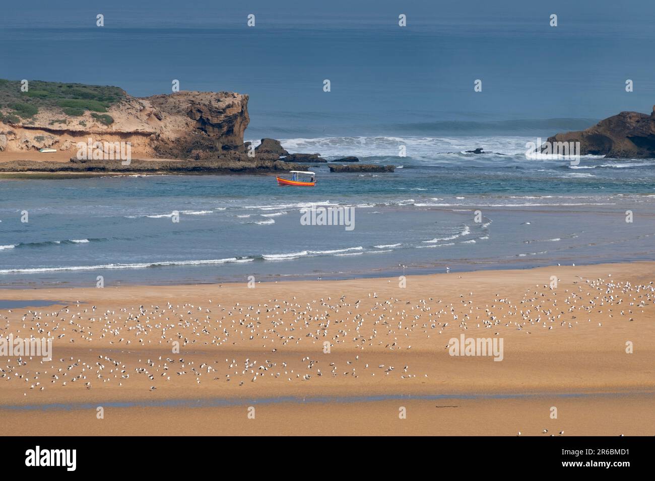Una barca in laguna presso le zone umide protette Sidi Moussa-Oualidia RAMSAR vicino alla città di Oualidia in Marocco Foto Stock