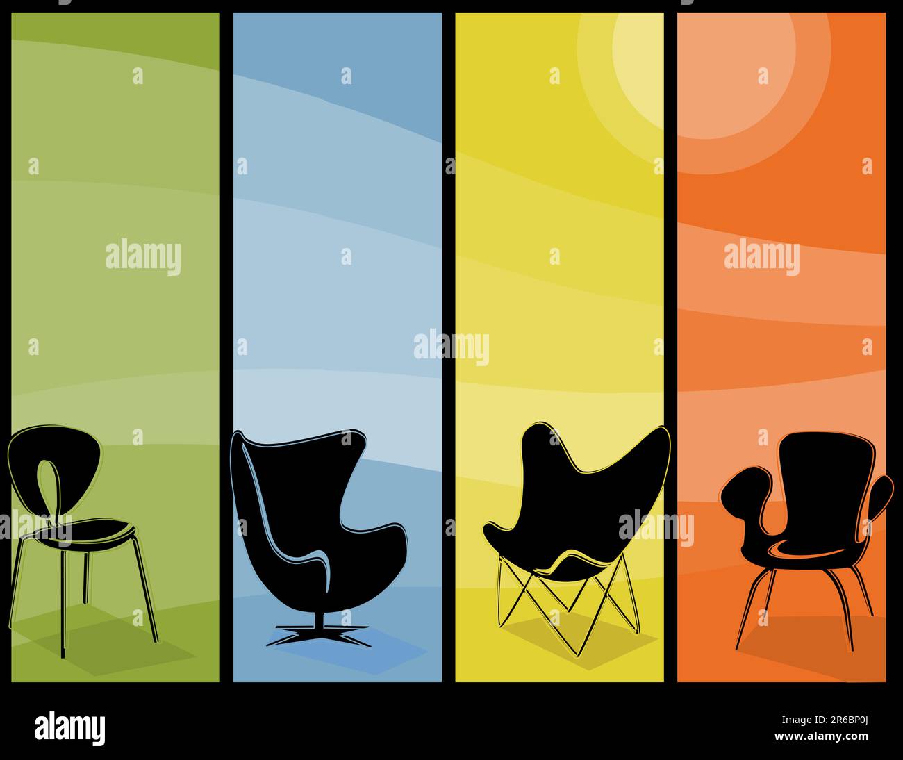 Icone della sedia dallo stile retrò con un tocco moderno di metà secolo. Illustrazione Vettoriale