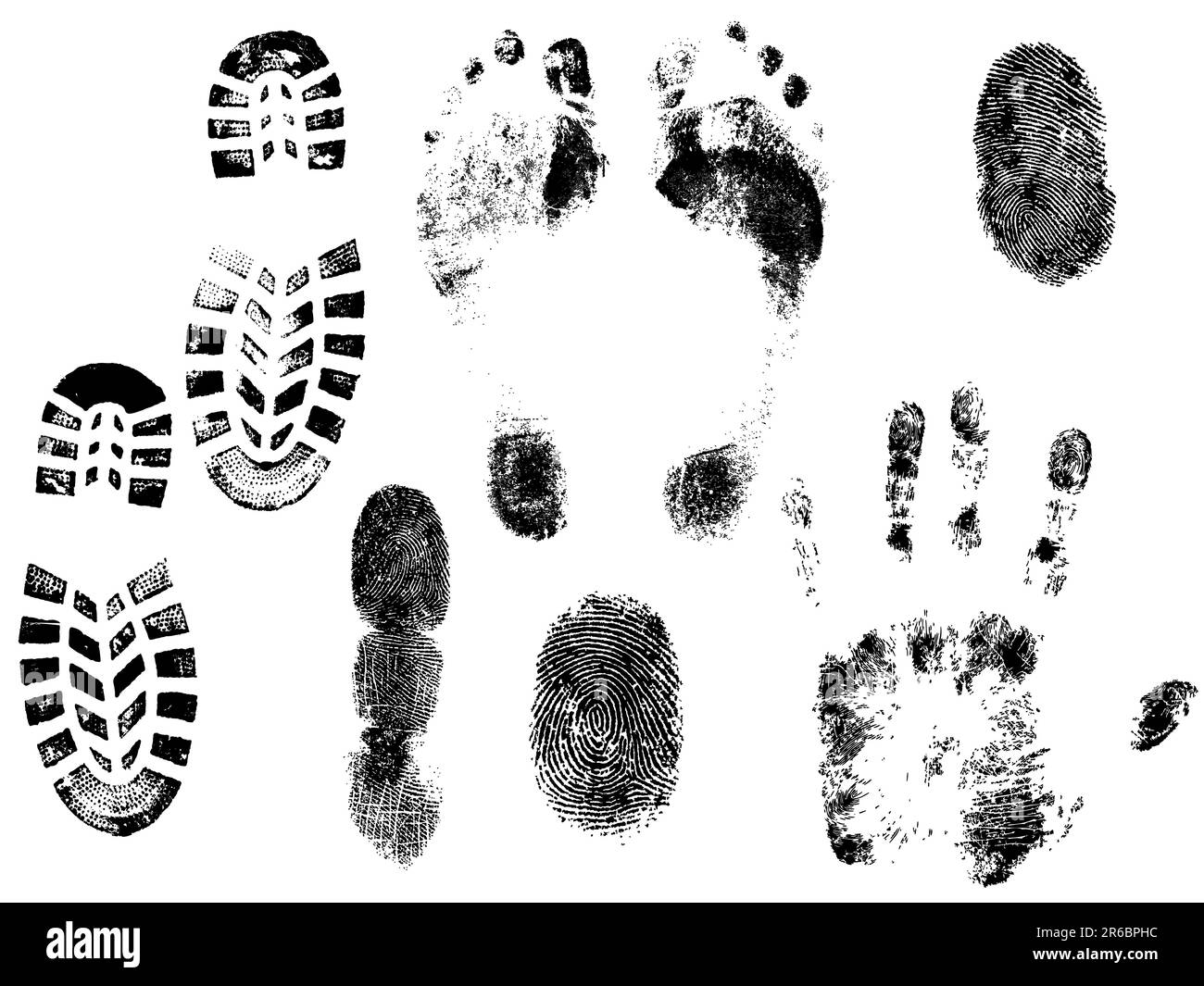 Una raccolta di impronte digitali, impronte digitali, impronte e impronte digitali vettoriali. Tutti raggruppati e su livelli separati. Illustrazione Vettoriale