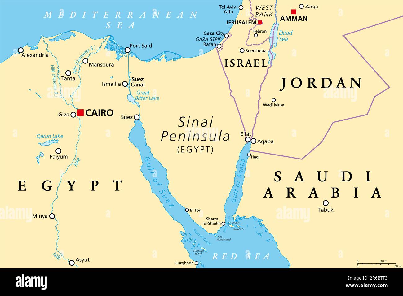 Regione della penisola del Sinai, mappa politica. Penisola in Egitto, situato tra il Mar Mediterraneo e il Mar Rosso, ponte terrestre tra Asia e Africa. Foto Stock