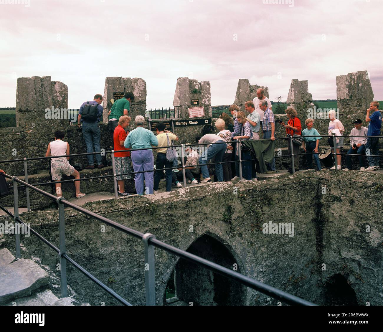 Irlanda. Contea di Cork. Blarney Castello. Visitatori a baciare la cerimonia Blarney Stone. Foto Stock