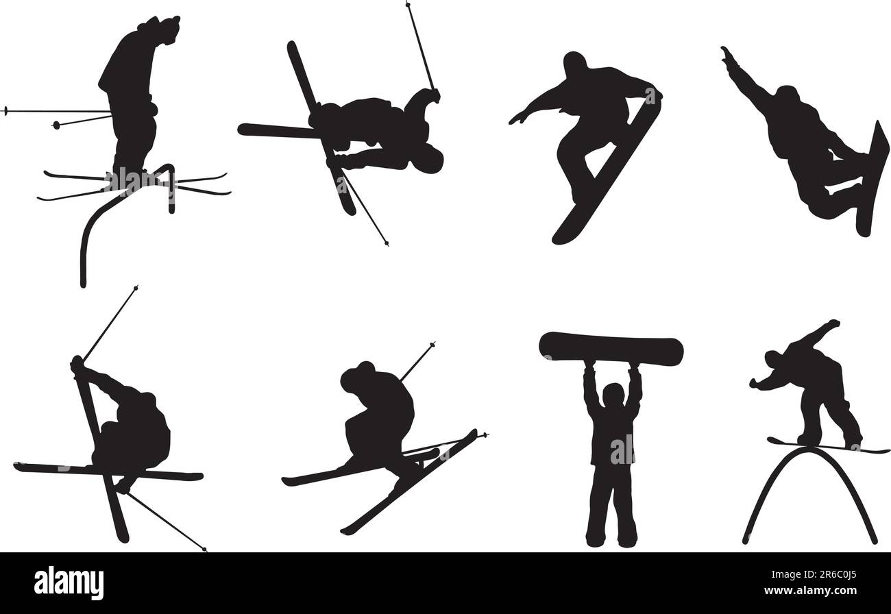 Immagini di silhouette di sciatori e snowboarder. Disponibile anche come vettore. Illustrazione Vettoriale